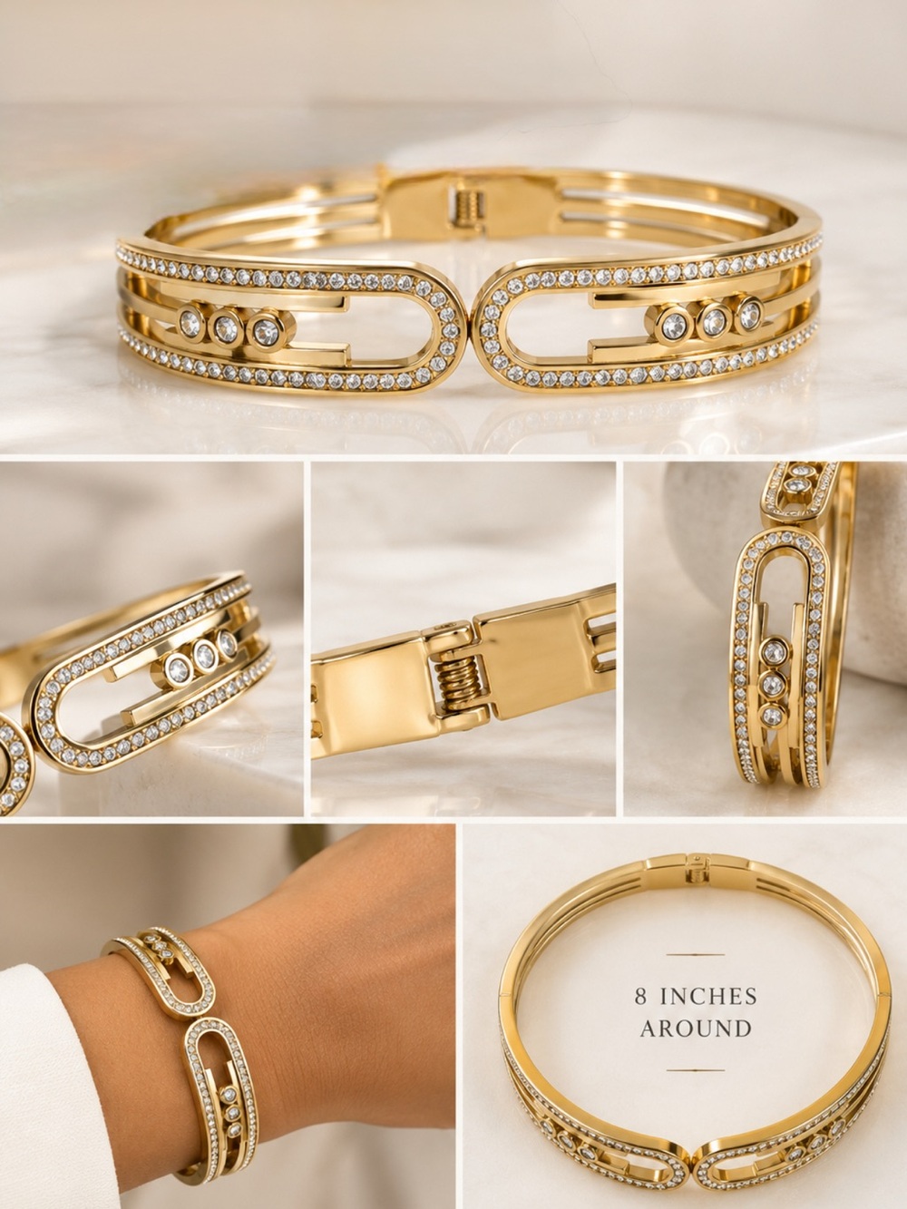 Luxury Gold Stainless Steel Crystal Hinged Bangle Bracelet 8